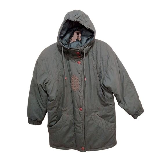 British Mist Hood Puffer Winter Coat M Green Embroidered Grannycore Cottage Gorp - Picture 3 of 16